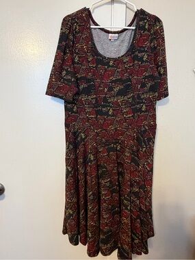 LuLaRoe Black, Burgundy & Gold Patterned Midi Dress
